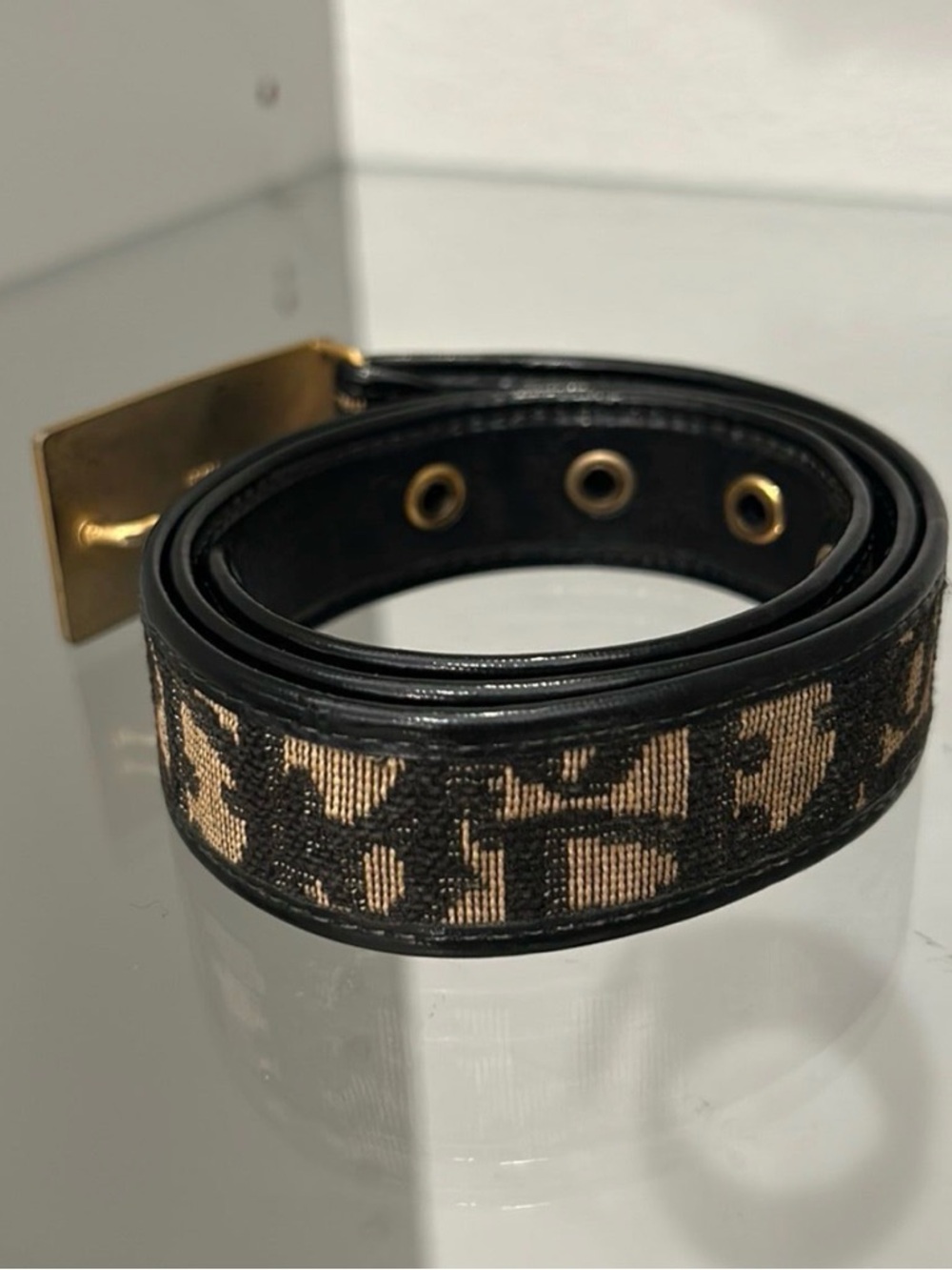 Christian Dior Belt Oblique Monogram Canvas Black Tan CD Buckle Vintage - Picture 2 of 6